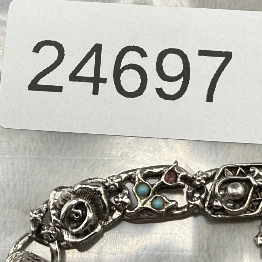 Vintage Goldette Bracelet Silver Tone Mixed Accents Floral Bee 7in